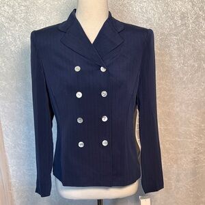 MT studio 100 % Silk pinstripe Navy Double-Breasted Women's Jacket 6 P  NWT